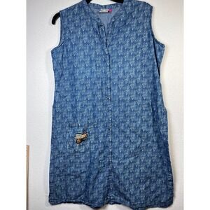 Neeru Kumar Tunic Dress Womens L Blue Excellent Bee Patch Floral Sleeveless